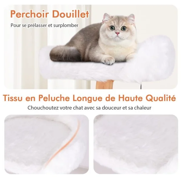 Arbre à Chat Moderne en Bois Massif 168cm Perchoirs Condo Griffoirs en Jute Corde en Sisal Peluche Longue et Douce Balle Suspendue