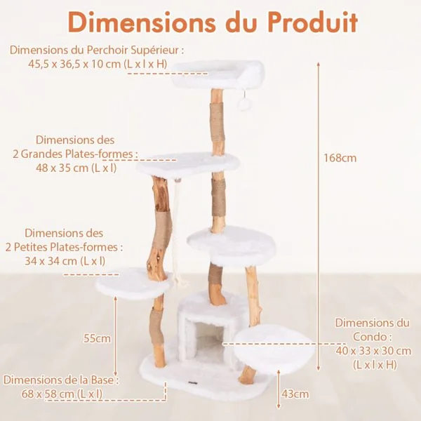 Arbre à Chat Moderne en Bois Massif 168cm Perchoirs Condo Griffoirs en Jute Corde en Sisal Peluche Longue et Douce Balle Suspendue