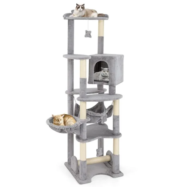 Arbre à Chat Multi-niveaux de 176 cm avec Perchoir Supérieur Condo Confortable Panier Hamac Poteaux à Gratter Plateformes de Saut
