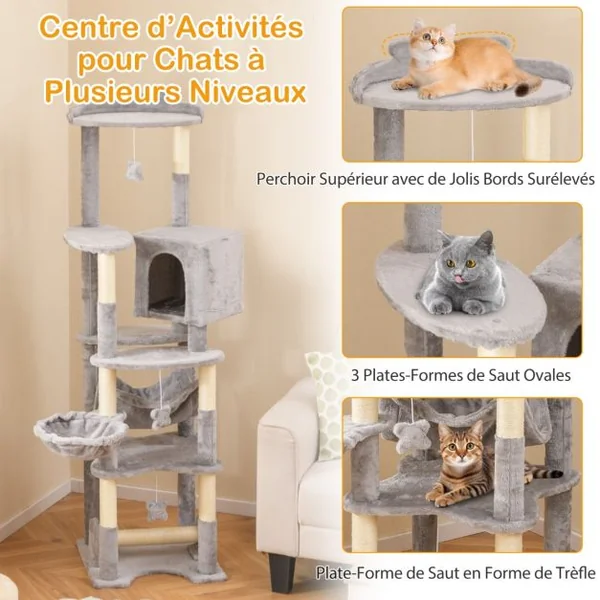 Arbre à Chat Multi-niveaux de 176 cm avec Perchoir Supérieur Condo Confortable Panier Hamac Poteaux à Gratter Plateformes de Saut