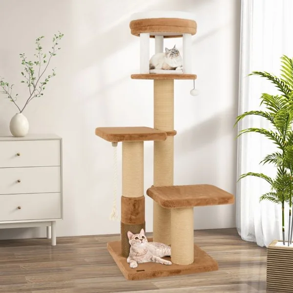 Arbre à Chat pour Chats de 164 cm avec Auto-toilettage Perchoir Rembourré Lit pour Chat Amovible Plateformes de Saut Café