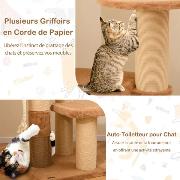 Arbre à Chat pour Chats de 164 cm avec Auto-toilettage Perchoir Rembourré Lit pour Chat Amovible Plateformes de Saut Café