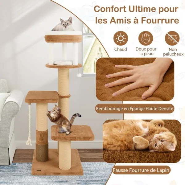Arbre à Chat pour Chats de 164 cm avec Auto-toilettage Perchoir Rembourré Lit pour Chat Amovible Plateformes de Saut Café