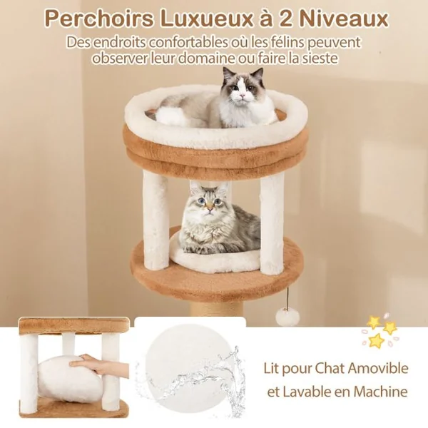 Arbre à Chat pour Chats de 164 cm avec Auto-toilettage Perchoir Rembourré Lit pour Chat Amovible Plateformes de Saut Café