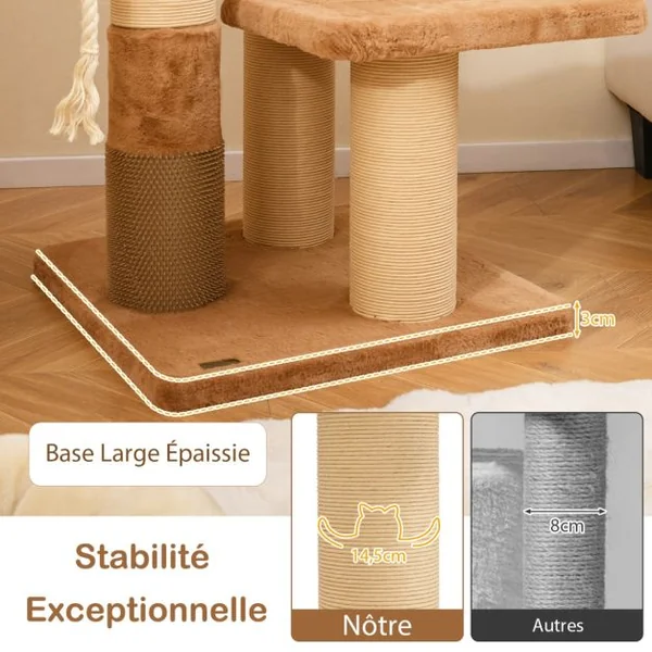Arbre à Chat pour Chats de 164 cm avec Auto-toilettage Perchoir Rembourré Lit pour Chat Amovible Plateformes de Saut Café