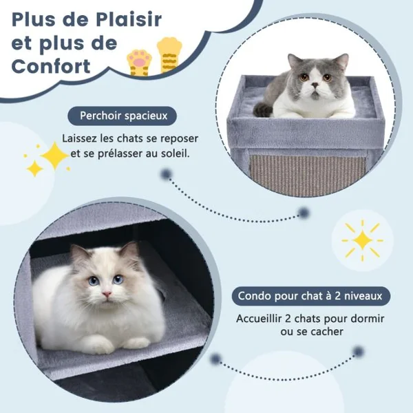 Arbre à Chat Rectangulaire avec Panneau en Sisal Amovible, Tour à Griffer pour Chat avec Coussin Amovible et Tunnel Interne