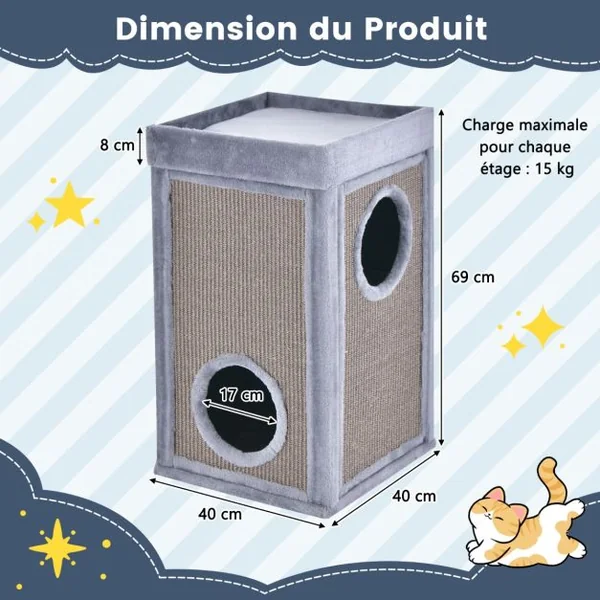 Arbre à Chat Rectangulaire avec Panneau en Sisal Amovible, Tour à Griffer pour Chat avec Coussin Amovible et Tunnel Interne