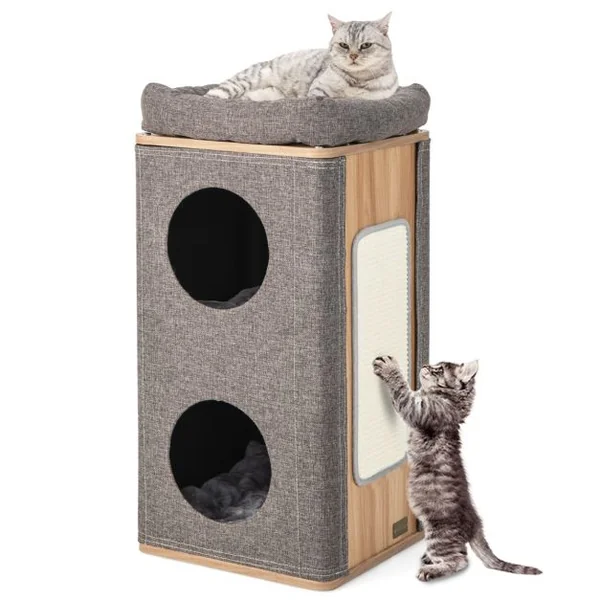 Arbre à Chat Rectangulaire à 3 Niveaux avec Couverture Amovible du Condo Tour à Griffer pour Chat avec Coussin en Peluche Naturel+Gris