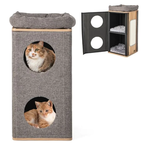 Arbre à Chat Rectangulaire à 3 Niveaux avec Couverture Amovible du Condo Tour à Griffer pour Chat avec Coussin en Peluche Naturel+Gris