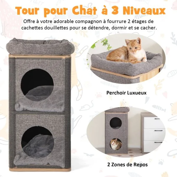 Arbre à Chat Rectangulaire à 3 Niveaux avec Couverture Amovible du Condo Tour à Griffer pour Chat avec Coussin en Peluche Naturel+Gris