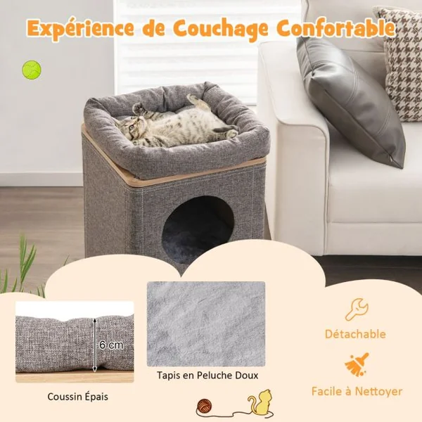 Arbre à Chat Rectangulaire à 3 Niveaux avec Couverture Amovible du Condo Tour à Griffer pour Chat avec Coussin en Peluche Naturel+Gris
