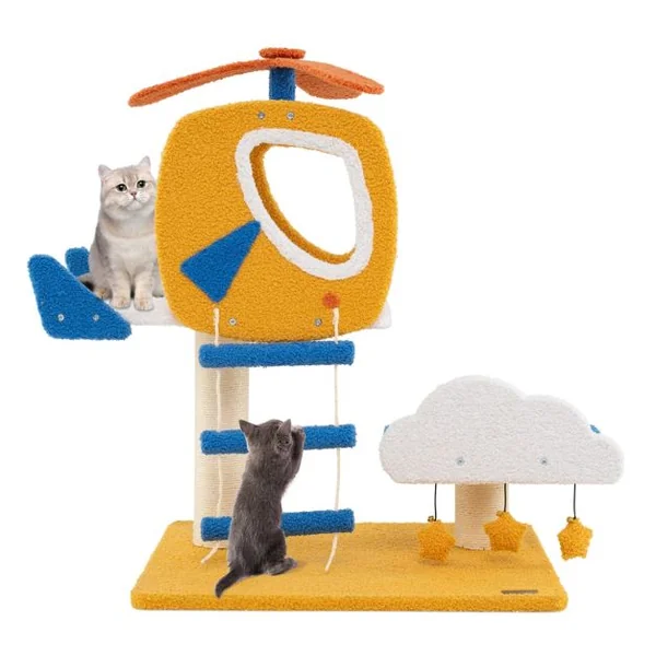 Arbre à Chat sur le Thème de l'Aviation Tour à Chat avec Perchoir en Forme d'Hélicoptère Poteau à Gratter Plateforme de Saut