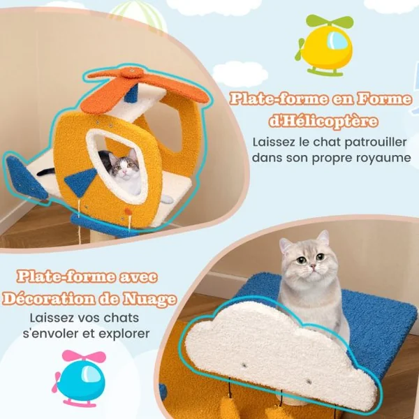 Arbre à Chat sur le Thème de l'Aviation Tour à Chat avec Perchoir en Forme d'Hélicoptère Poteau à Gratter Plateforme de Saut