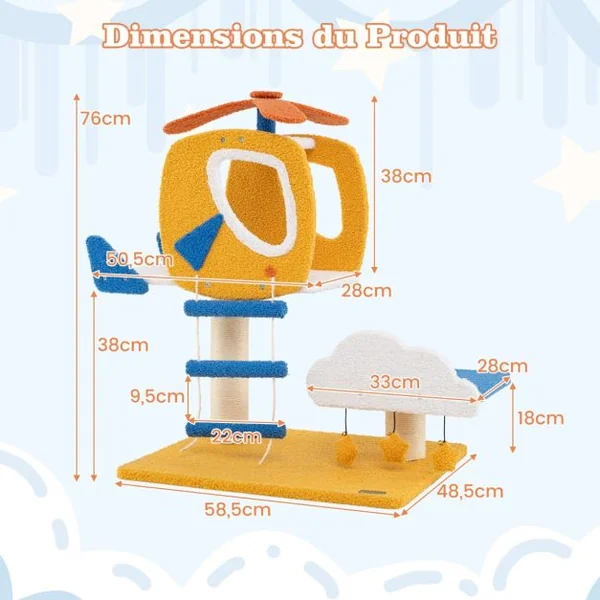 Arbre à Chat sur le Thème de l'Aviation Tour à Chat avec Perchoir en Forme d'Hélicoptère Poteau à Gratter Plateforme de Saut