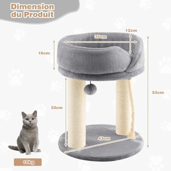 Arbre à Chat Tour d'Arbre Griffoir 2 Plateformes avec Perchoir à Dessus Souple Boule de Fourrure Corde en Sisal Beige/Gris