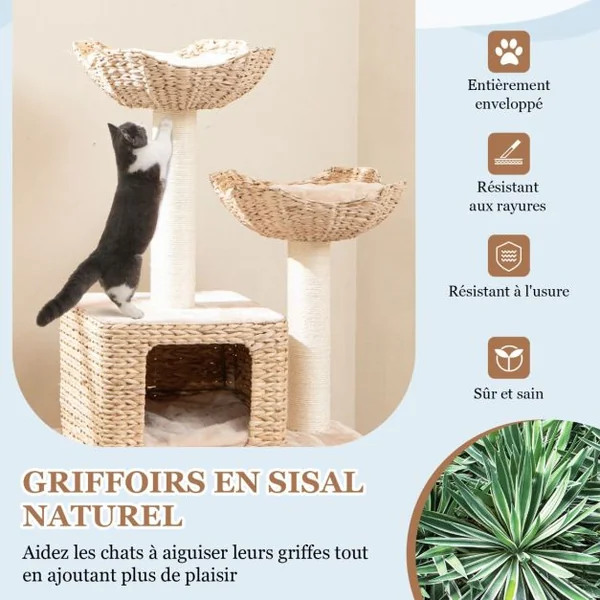 Arbre à Chat Tour en Forme de Quenouille de 122 cm Poteaux à Gratter en Sisal Perchoir Condo Panier Echelle Coussins Lavables Beige