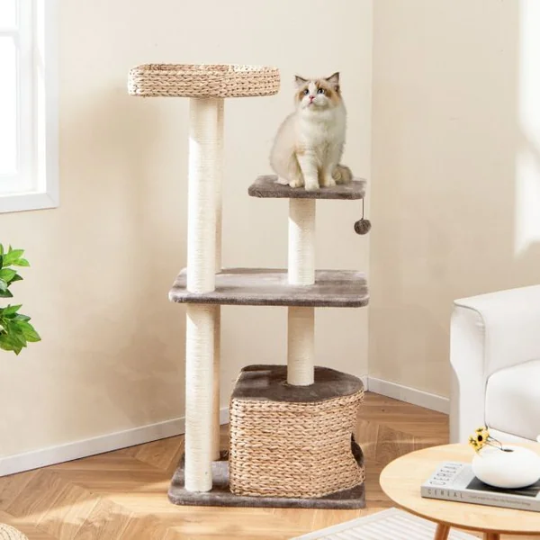 Arbre à Chat Tour pour Chat en Quenouille de 131 cm Poteaux à Gratter en Sisal Perchoir Condo Balle Suspendue Coussins Lavables Café