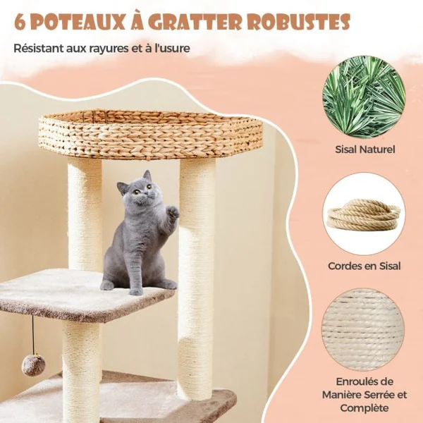 Arbre à Chat Tour pour Chat en Quenouille de 131 cm Poteaux à Gratter en Sisal Perchoir Condo Balle Suspendue Coussins Lavables Café
