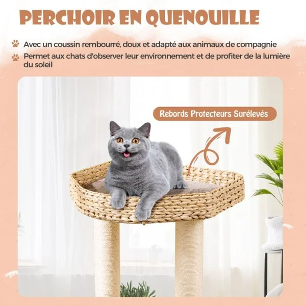 Arbre à Chat Tour pour Chat en Quenouille de 131 cm Poteaux à Gratter en Sisal Perchoir Condo Balle Suspendue Coussins Lavables Café