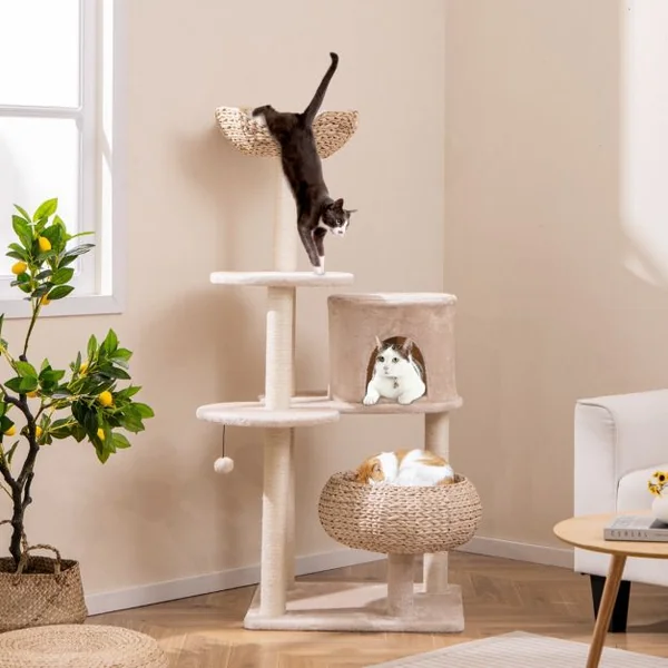 Arbre à Chat Tour pour Chat en Quenouille de 14 cm Poteaux à Gratter en Sisal Perchoir Ballon de Basket Condo Balle Suspendue Beige
