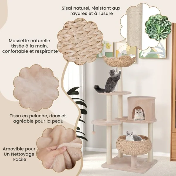 Arbre à Chat Tour pour Chat en Quenouille de 14 cm Poteaux à Gratter en Sisal Perchoir Ballon de Basket Condo Balle Suspendue Beige