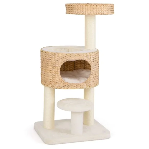 Arbre à Chat Tour pour Chat Moderne avec Perchoir Supérieur Condo en Peluche en Quenouilles Poteaux à Gratter en Sisal Jouet Suspendu Naturel