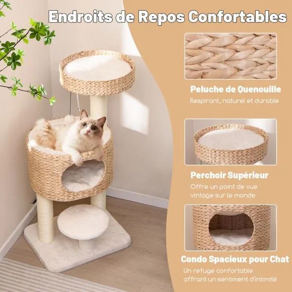 Arbre à Chat Tour pour Chat Moderne avec Perchoir Supérieur Condo en Peluche en Quenouilles Poteaux à Gratter en Sisal Jouet Suspendu Naturel
