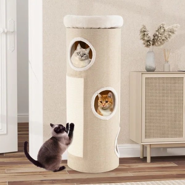 Arbre à Chat à 4 Niveaux Niche Surélevée avec Lit Amovible Tour d’Intérieur pour Chat avec Planche à Griffer en Sisal Blanc