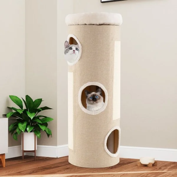 Arbre à Chat à 4 Niveaux Niche Surélevée avec Lit Amovible Tour d’Intérieur pour Chat avec Planche à Griffer en Sisal Blanc