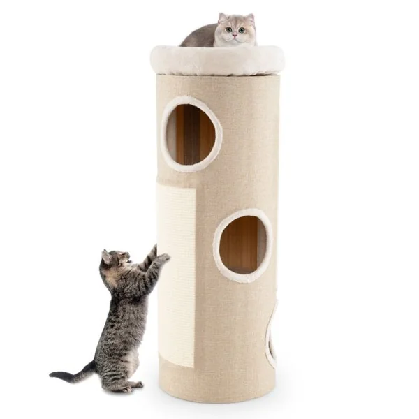 Arbre à Chat à 4 Niveaux Niche Surélevée avec Lit Amovible Tour d’Intérieur pour Chat avec Planche à Griffer en Sisal Blanc