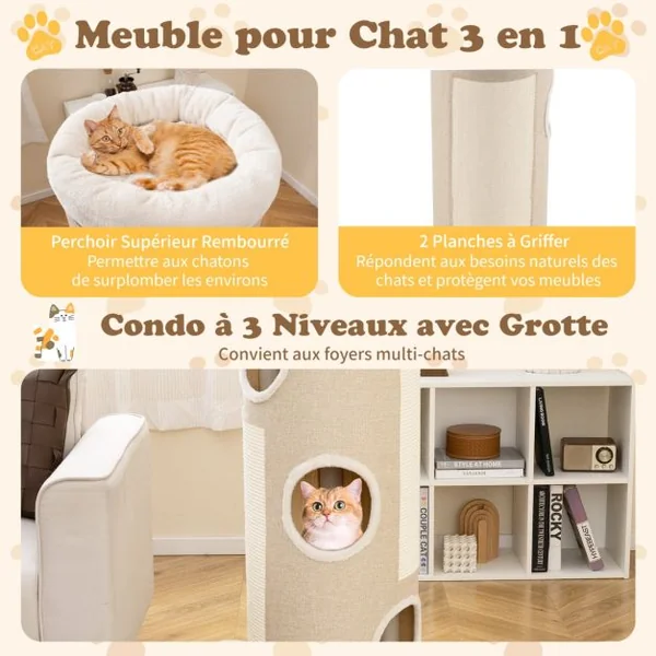 Arbre à Chat à 4 Niveaux Niche Surélevée avec Lit Amovible Tour d’Intérieur pour Chat avec Planche à Griffer en Sisal Blanc