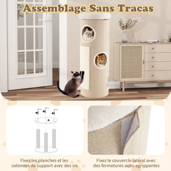Arbre à Chat à 4 Niveaux Niche Surélevée avec Lit Amovible Tour d’Intérieur pour Chat avec Planche à Griffer en Sisal Blanc