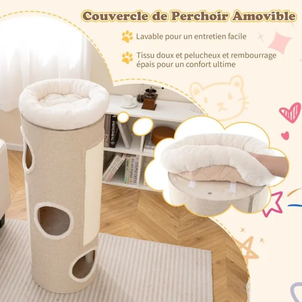 Arbre à Chat à 4 Niveaux Niche Surélevée avec Lit Amovible Tour d’Intérieur pour Chat avec Planche à Griffer en Sisal Blanc