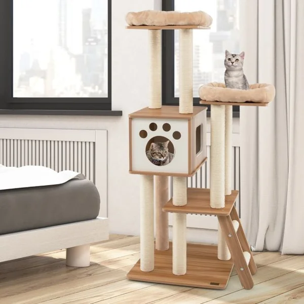 Arbre à Chat à 5 Niveaux avec Niche 2 Perchoirs en Peluche Rembourrés Hauteur 157cm Support d'Arbre Multi en MDF&Sisal Beige