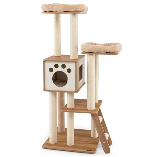Arbre à Chat à 5 Niveaux avec Niche 2 Perchoirs en Peluche Rembourrés Hauteur 157cm Support d'Arbre Multi en MDF&Sisal Beige