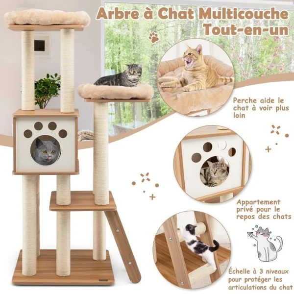 Arbre à Chat à 5 Niveaux avec Niche 2 Perchoirs en Peluche Rembourrés Hauteur 157cm Support d'Arbre Multi en MDF&Sisal Beige