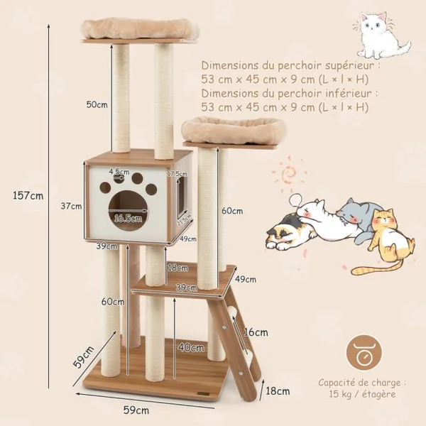 Arbre à Chat à 5 Niveaux avec Niche 2 Perchoirs en Peluche Rembourrés Hauteur 157cm Support d'Arbre Multi en MDF&Sisal Beige