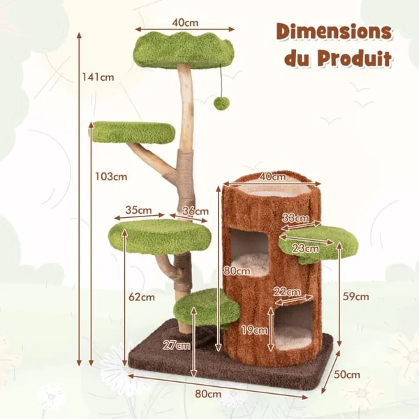 Arbre à Chat à Plusieurs Niveaux Tour pour Chat à 2 Etages Poteaux à Gratter en Sisal Perchoir Supérieur Plateformes Rondes Naturel