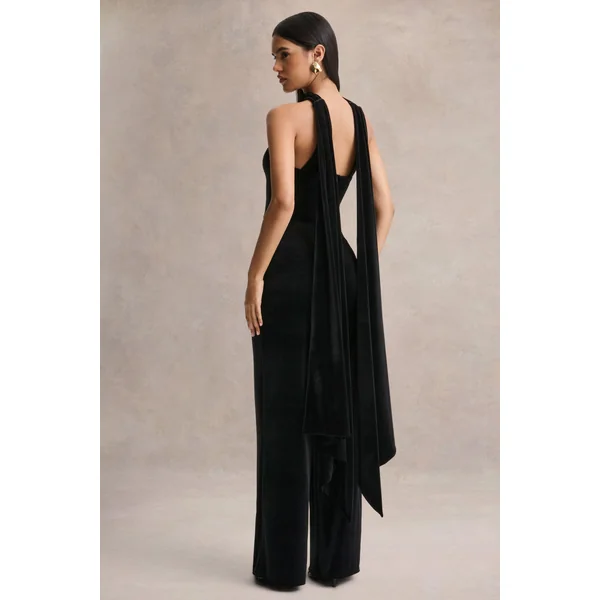 Arcane | Combinaison noire en velours à encolure bandeau avec écharpe