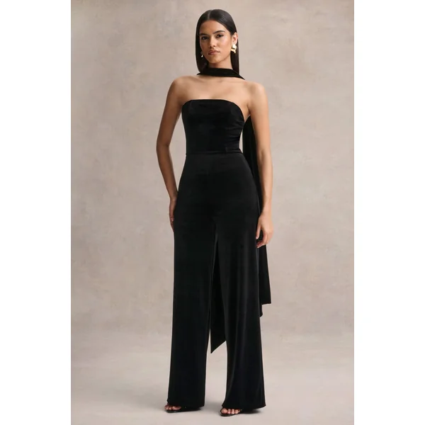 Arcane | Combinaison noire en velours à encolure bandeau avec écharpe