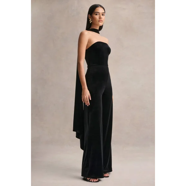 Arcane | Combinaison noire en velours à encolure bandeau avec écharpe