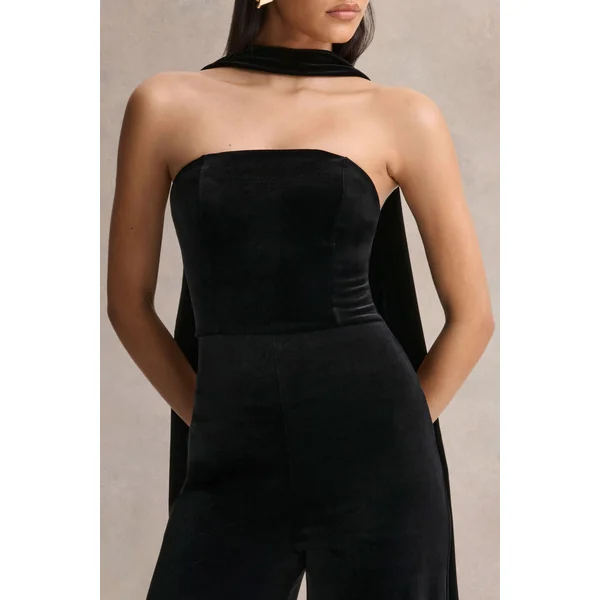 Arcane | Combinaison noire en velours à encolure bandeau avec écharpe