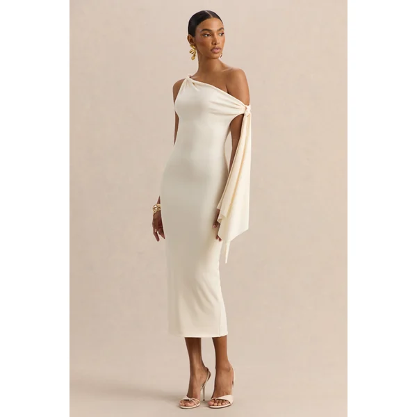 Arcelia | Robe mi-longue crème à encolure asymétrique avec détail de manche noué
