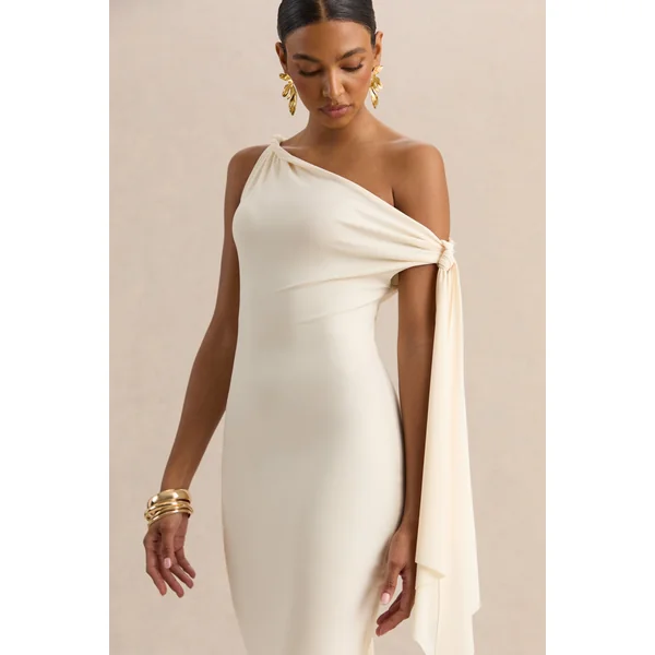 Arcelia | Robe mi-longue crème à encolure asymétrique avec détail de manche noué
