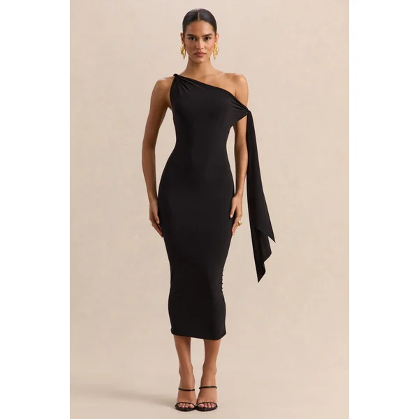Arcelia | Robe mi-longue noire à encolure asymétrique avec détail noué sur la manche