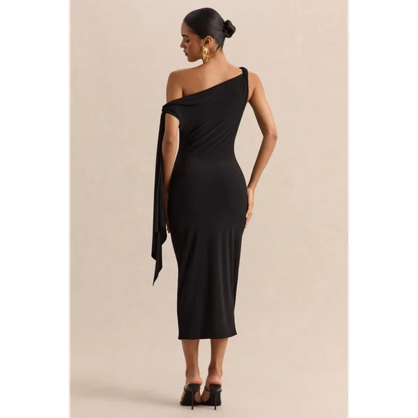 Arcelia | Robe mi-longue noire à encolure asymétrique avec détail noué sur la manche