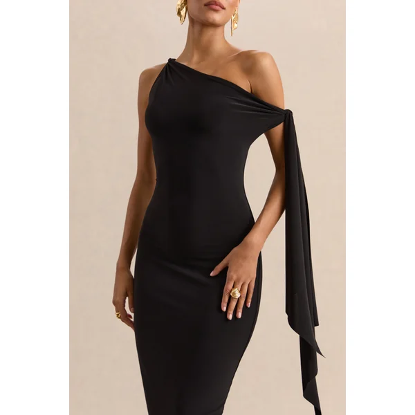 Arcelia | Robe mi-longue noire à encolure asymétrique avec détail noué sur la manche