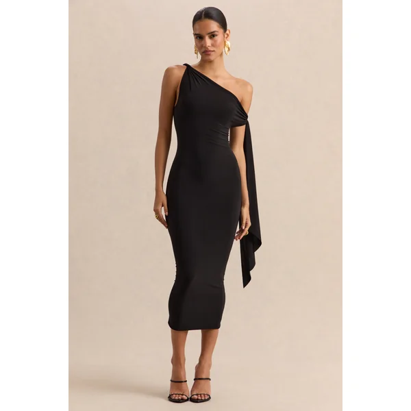 Arcelia | Robe mi-longue noire à encolure asymétrique avec détail noué sur la manche