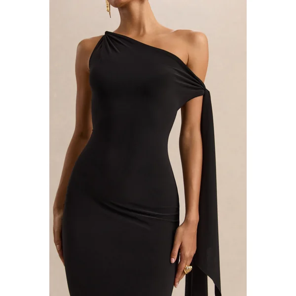 Arcelia | Robe mi-longue noire à encolure asymétrique avec détail noué sur la manche