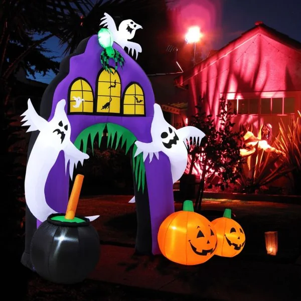 Arche de Château Gonflable d'Halloween de 280 cm de Haut avec Araignée Fantômes Citrouilles Chaudron